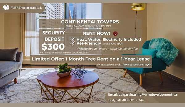 $300 Deposit + 1 Month Free Rent including Heat, Water, & Electricity at Continental Towers!