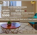 $300 Deposit + 1 Month Free Rent including Heat, Water, & Electricity at Continental Towers!