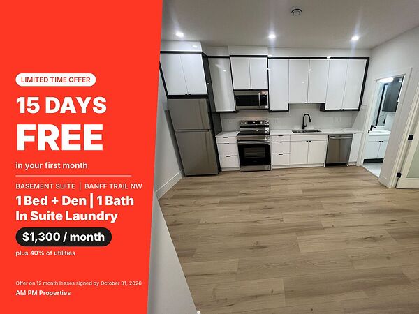 Modern 1 Bed + Den Basement, Banff Trail NW, In Suite Laundry, 15 Days Free